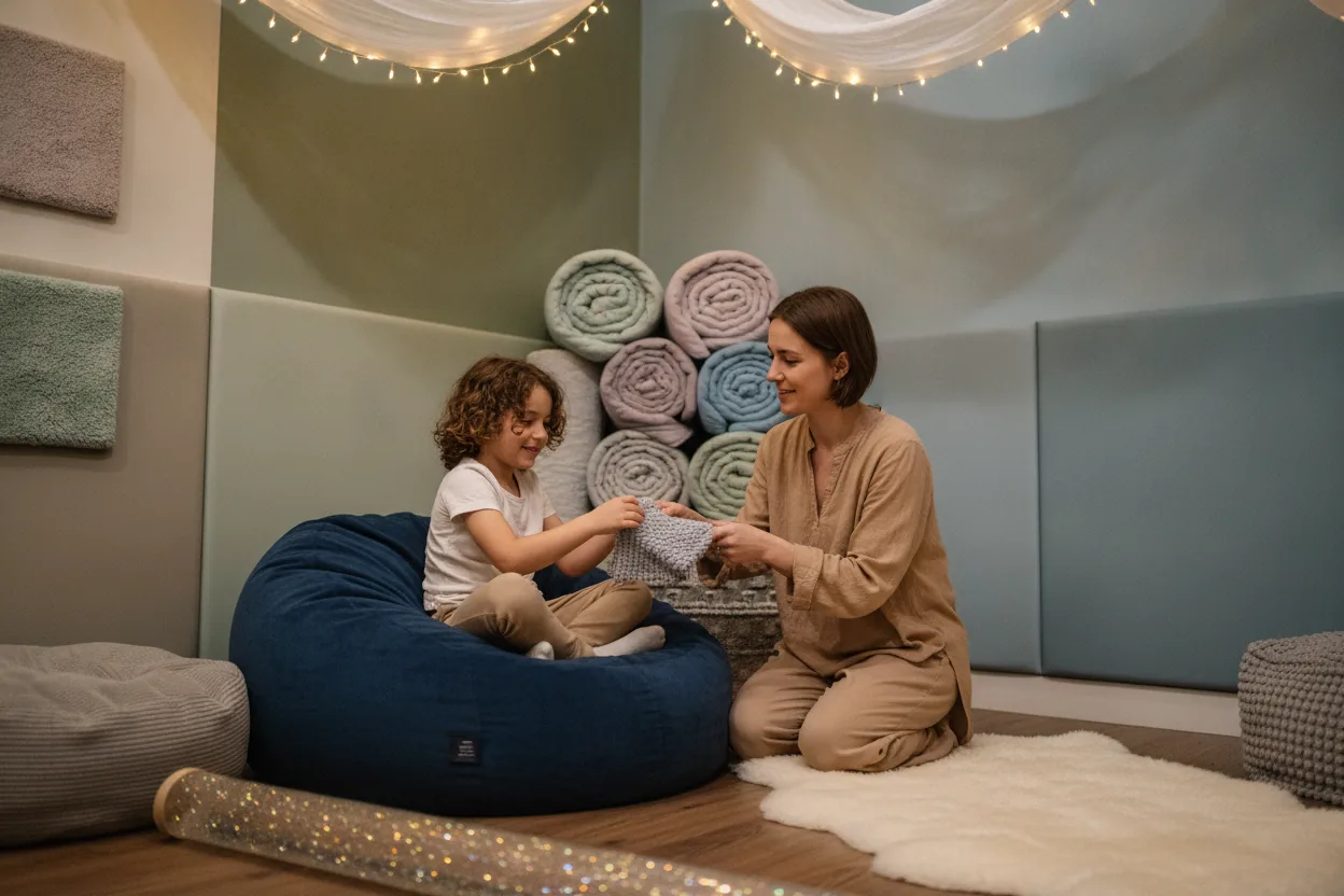 A child and therapist in a sensory-informed playroom with tactile objects and soft lighting.
