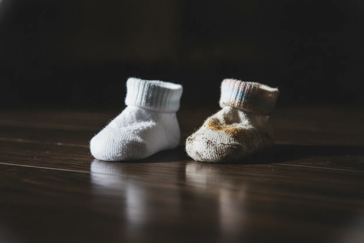 Close-up of a pair of baby socks on a wooden floor, one clean and one stained.