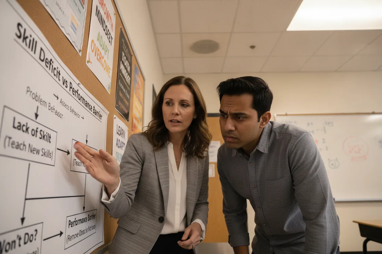 Low angle view of a teacher explaining a flowchart to a parent in a classroom setting.