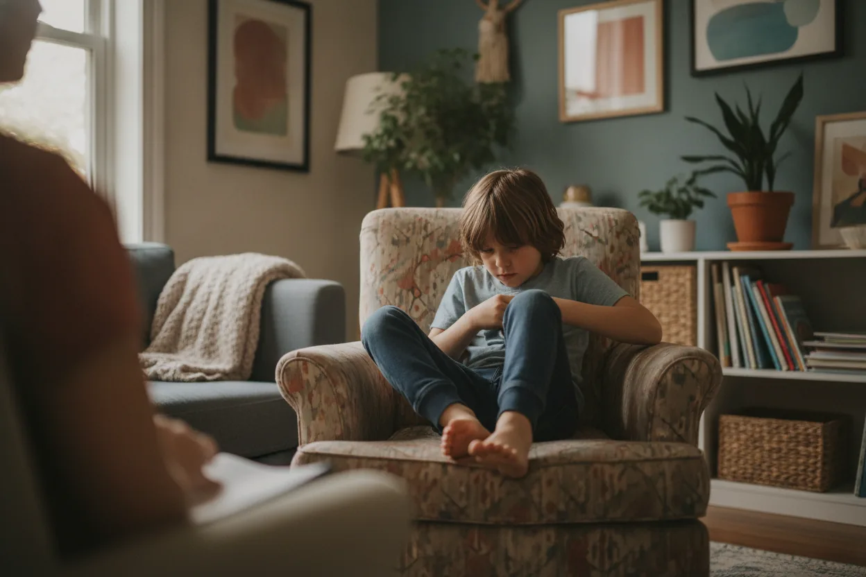 A young child sits in a chair uncomfortably, avoiding eye contact in a therapist's office.