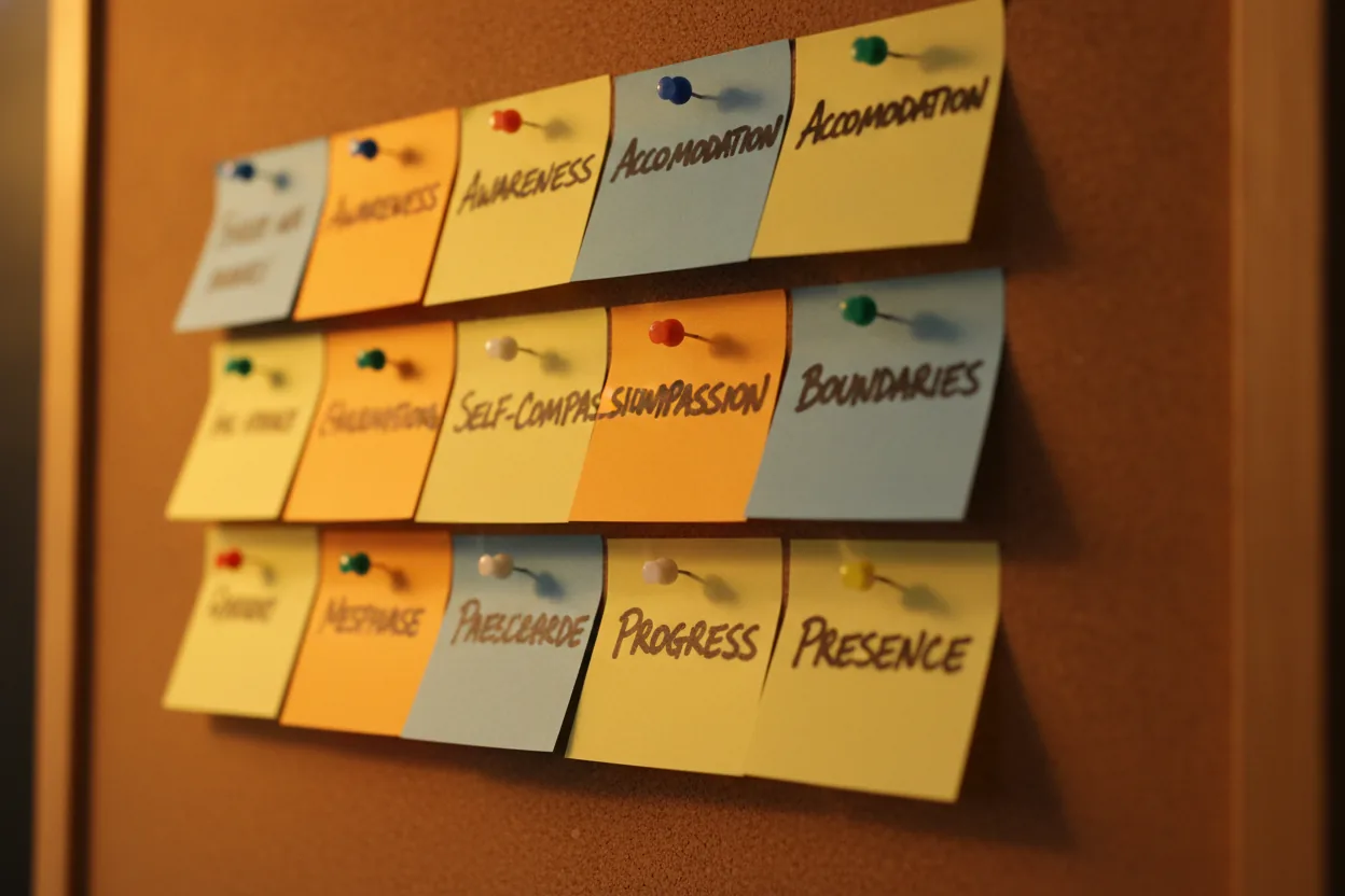 Close-up of a corkboard with organized sticky notes labeled 'Awareness' and 'Accommodation'.