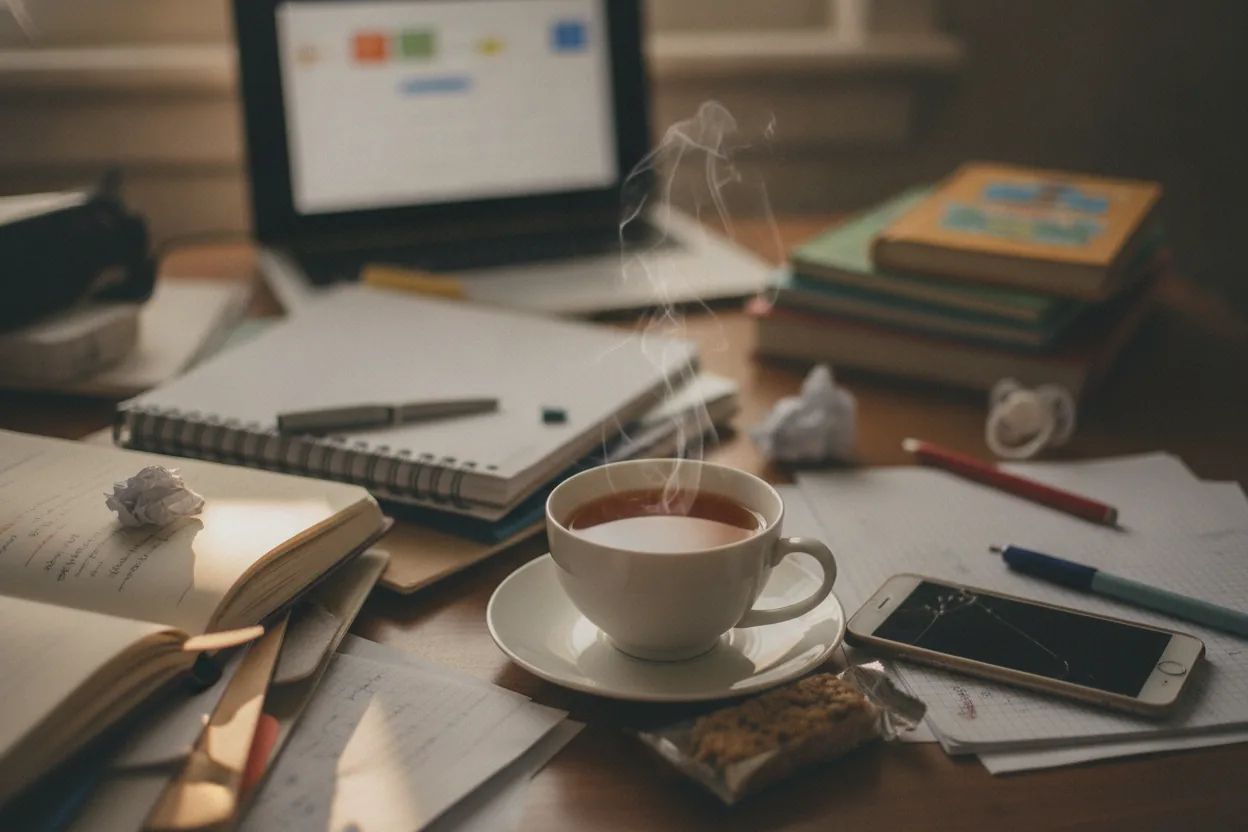 A close-up of a steaming cup of tea on a cluttered desk, surrounded by papers and a soft blur of a laptop in the background.