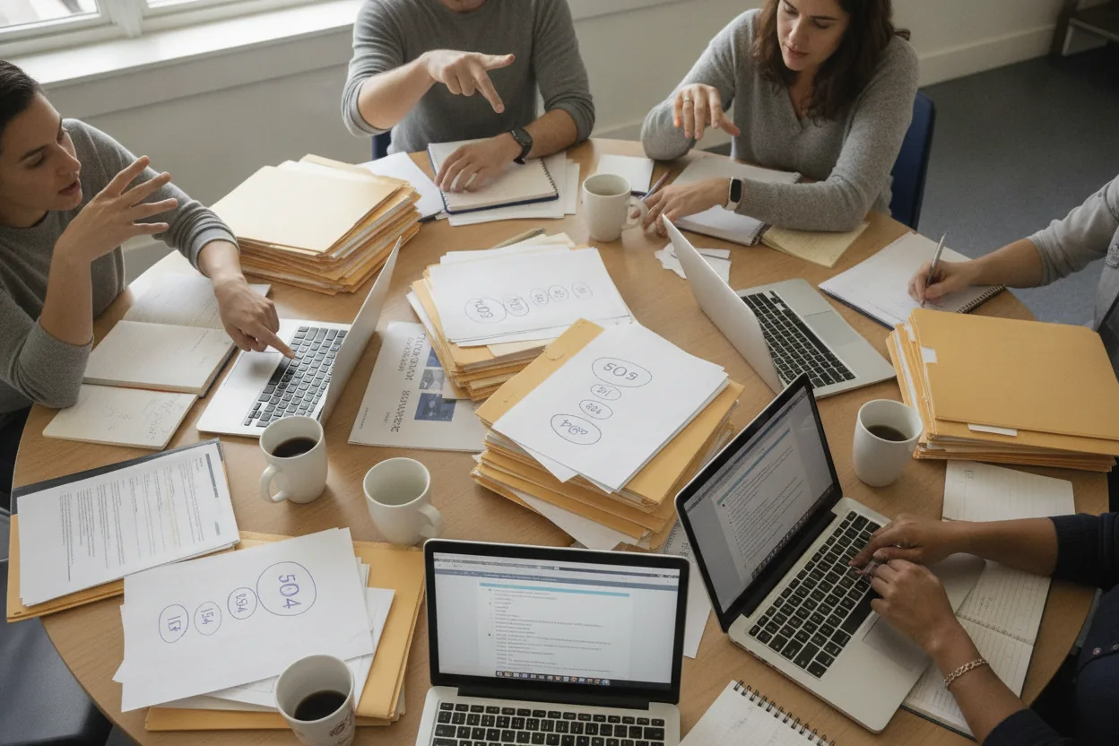 A high angle view of a school meeting table with papers labeled '504' and 'IEP', along with laptops and pens.