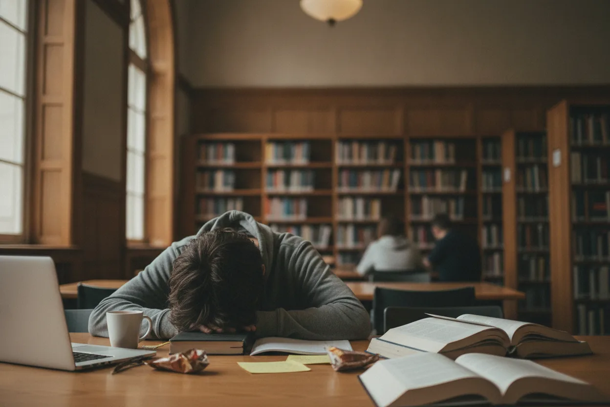 A student with their head resting on a desk in a library, surrounded by books. The image is slightly tilted.