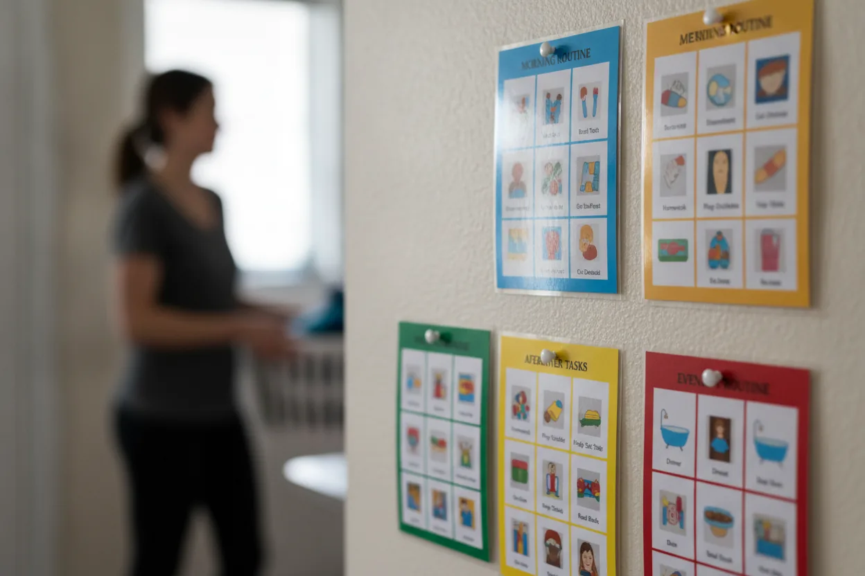 Close-up of a visual schedule on a kitchen wall with a blurred silhouette of a person in the background.