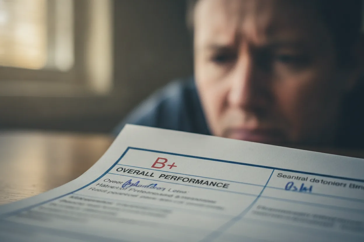 Close-up of a report card with a 'B+' grade, soft focus reveals concerned face in the background.
