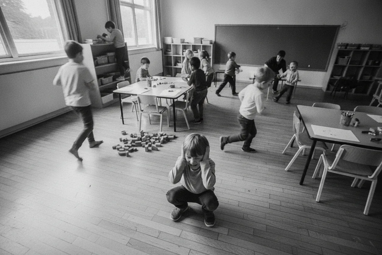 Black and white shot of a chaotic classroom with a child covering their ears.